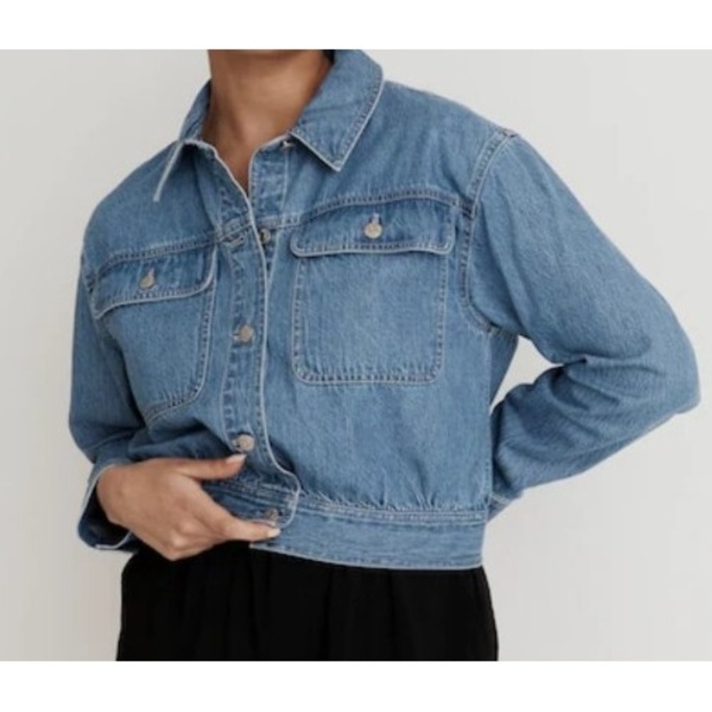 Madewell cropped Jean Jacket elastic back patch pockets women SZ XS gorp casual
